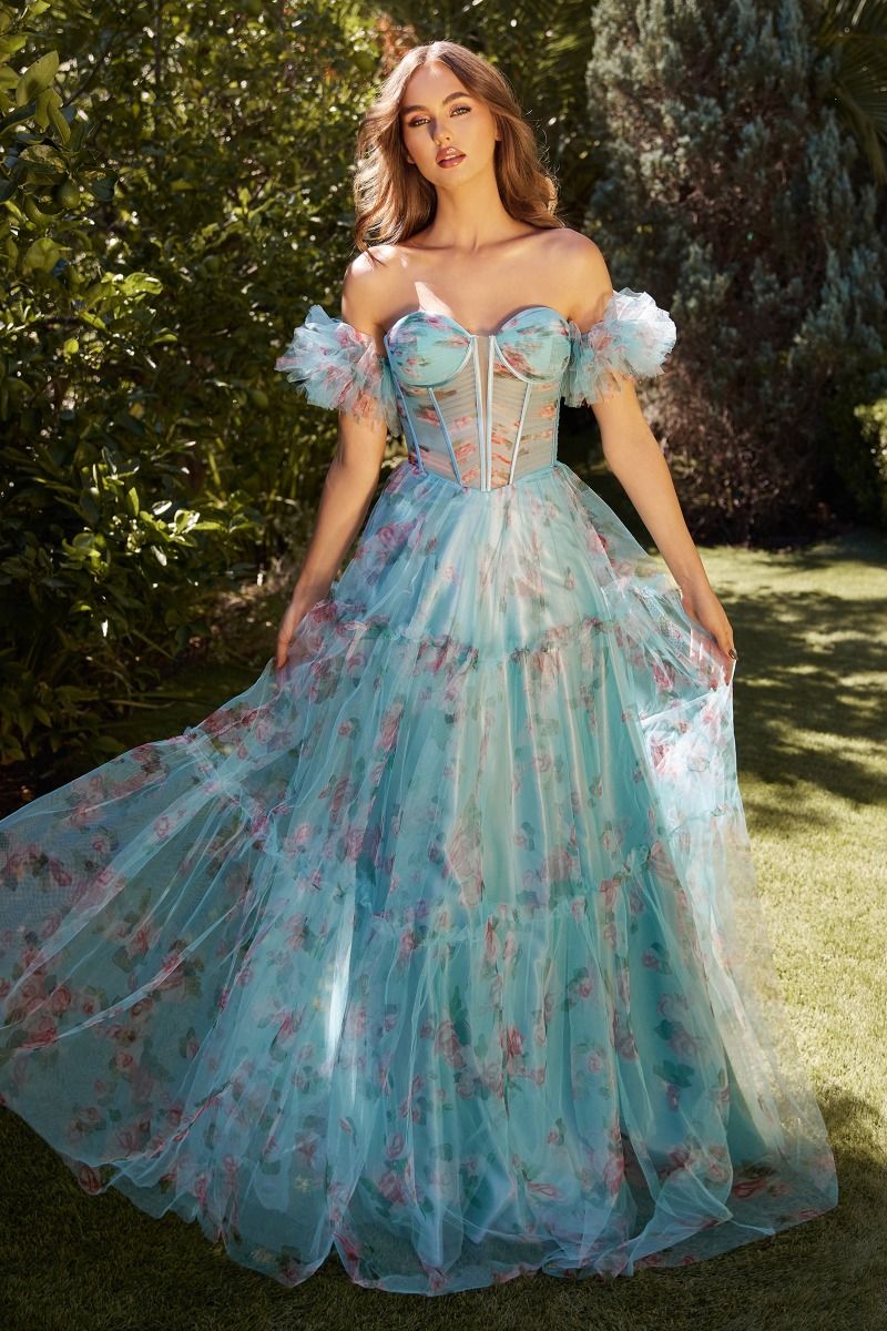 Blue Floral Printed Ball Gown