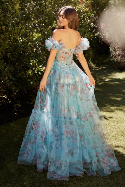 Blue Floral Printed Ball Gown