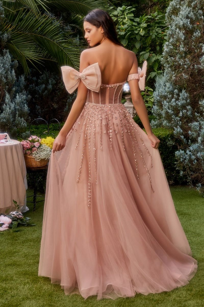 Strapless Beaded Gown With Bow Sleeve Accessories