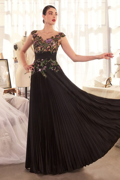 Pleated Satin & Embellished A-Line Gown