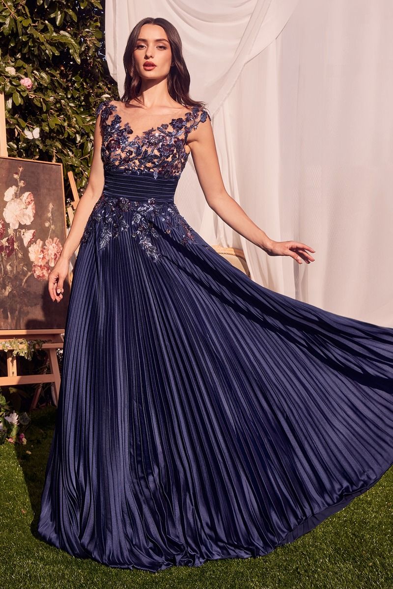 Pleated Satin & Embellished A-Line Gown