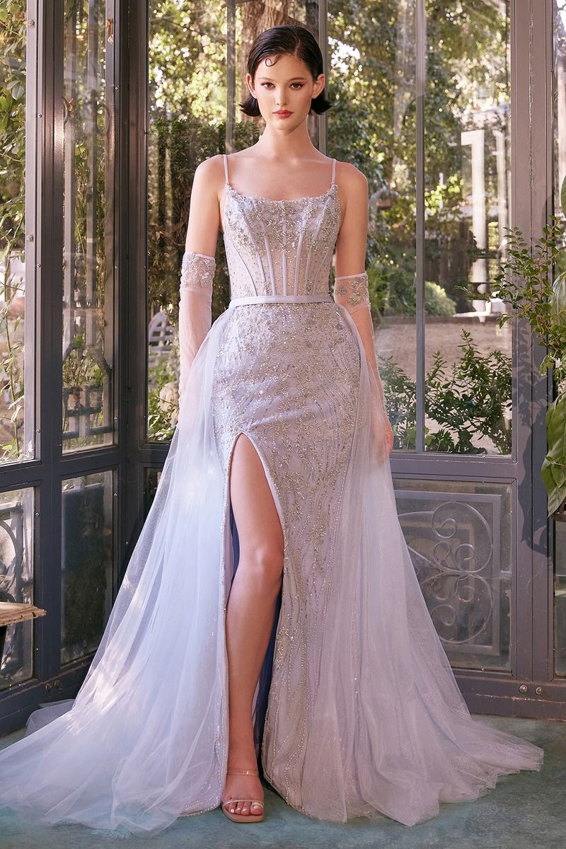 Beaded Light Blue Gown & Removable Tulle Overskirt