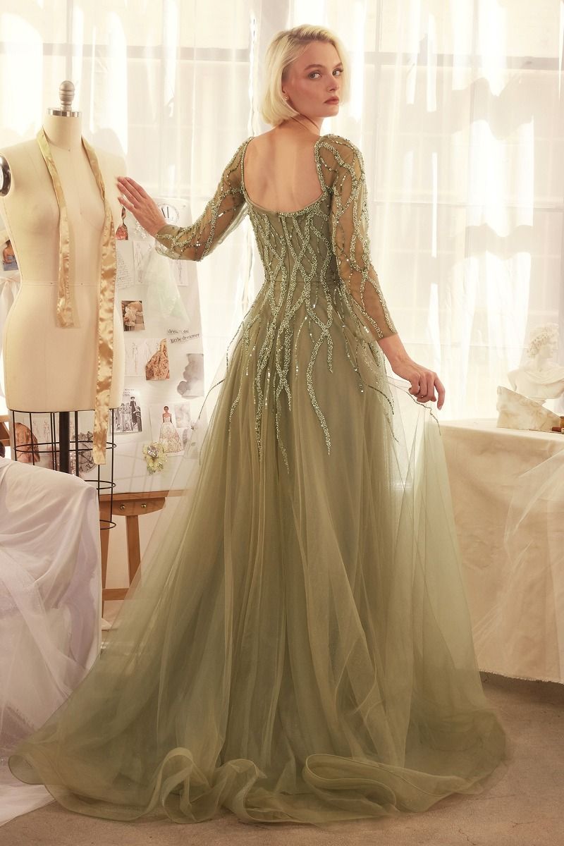 Beaded Long A-Line Prom Dress with Long Sleeves Navy / 14 Beaded Long A-Line Prom Dress with Long Sleeves Navy / 14