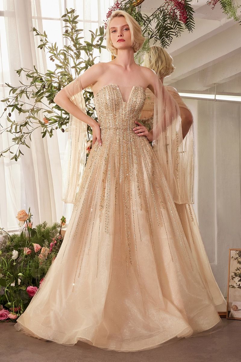 Strapless Ombre Beaded A-Line Gown with Shawl | Lady Black Tie Gold / 10 Strapless Ombre Beaded A-Line Gown with Shawl | Lady Black Tie Gold / 10