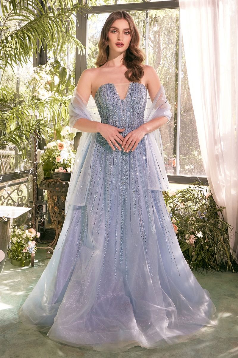 Strapless Tulle Dress With Caviar Beading Strapless Ombre Beaded A-Line Gown with Shawl Strapless Tulle Dress With Caviar Beading Strapless Ombre Beaded A-Line Gown with Shawl
