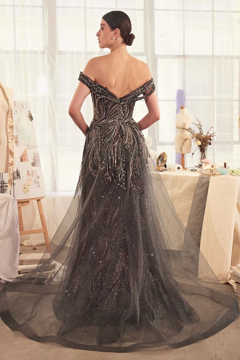 Off The Shoulder Beaded Gown & Overskirt