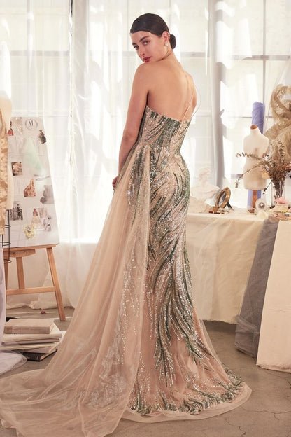 One Shoulder Fitted Embellished Gown & Overskirt