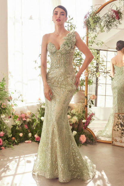 One Shoulder Fully Beaded Floral Motif Gown