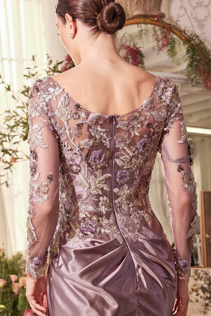 Illusion Long Sleeve Floral Sequin Evening Gown with Draped Satin Skirt