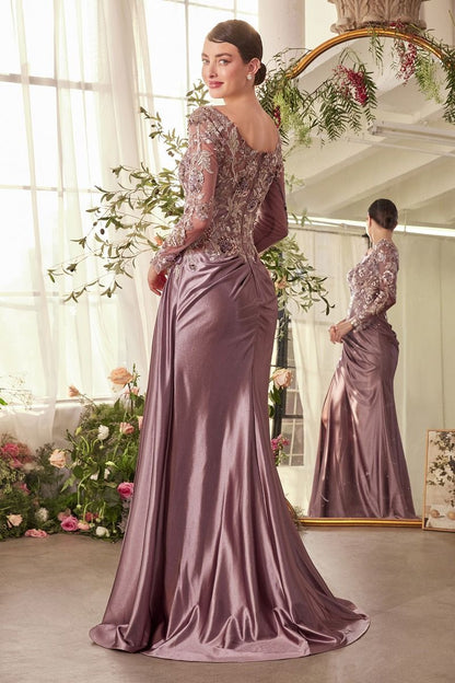 Illusion Long Sleeve Floral Sequin Evening Gown with Draped Satin Skirt