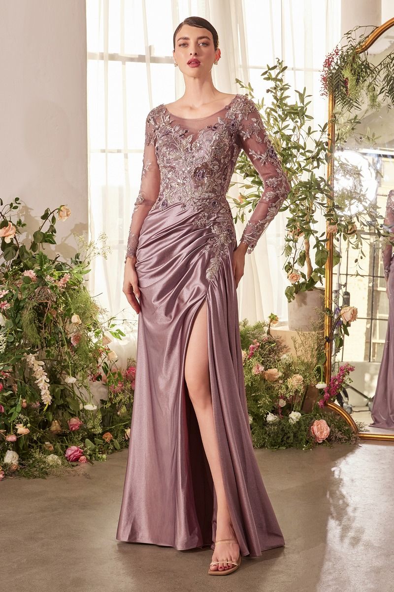 Illusion Long Sleeve Floral Sequin Evening Gown with Draped Satin Skirt