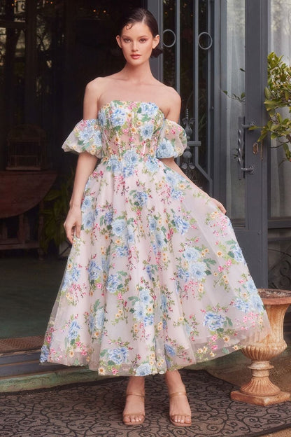 Floral Print Strapless Tea Length A-Line Dress 4 / Blue Floral Print Strapless Tea Length A-Line Dress 4 / Blue