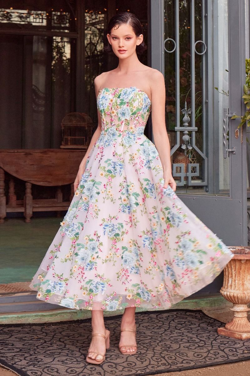 Floral Print Strapless Tea Length A-Line Dress 4 / Blue Floral Print Strapless Tea Length A-Line Dress 4 / Blue