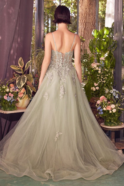 Lace Appliqued A-Line Layered Tulle Gown