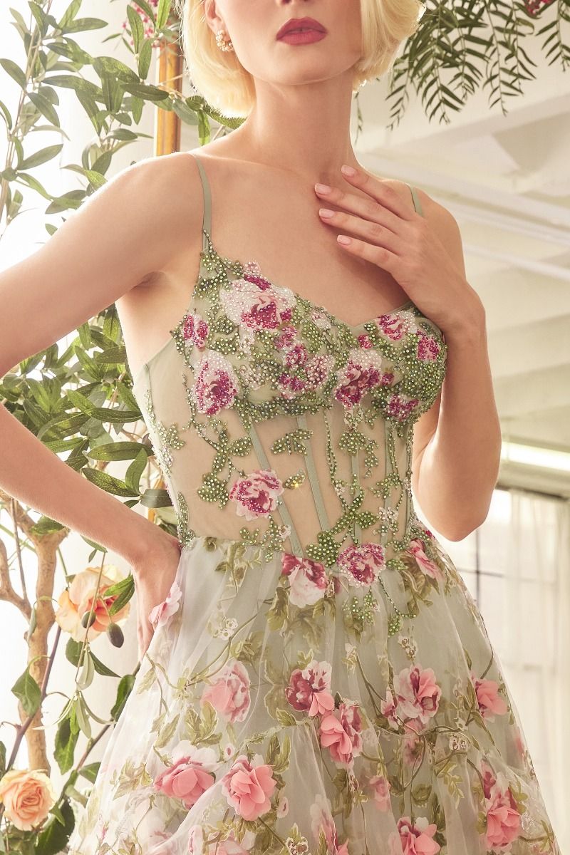Sage Floral Print Layered A-Line Dress Tux-USA Sage Floral Print Layered A-Line Dress Tux-USA