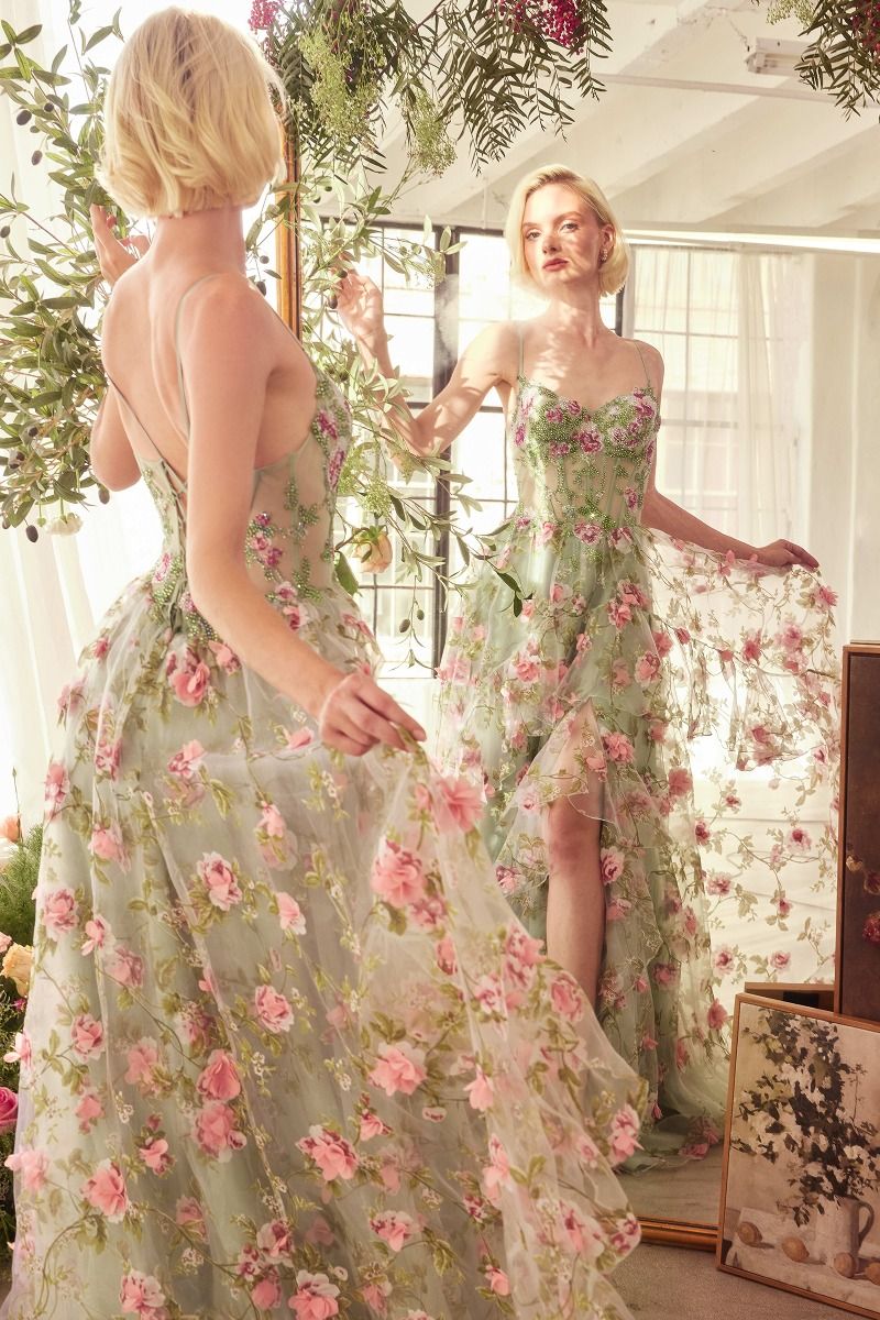 Sage Floral Print Layered A-Line Dress