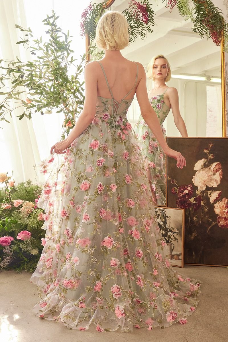 Andrea & Leo A1420 Long Floral Printed A Line Formal Prom Dress - Sage / 0 Andrea & Leo A1420 Long Floral Printed A Line Formal Prom Dress - Sage / 0