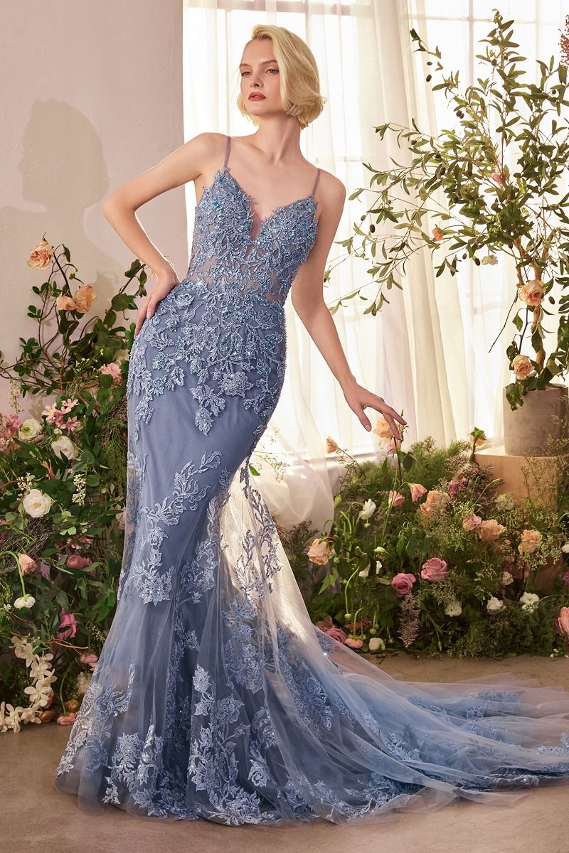 Foliage Beaded Lace Mermaid Gown 6 / Dusty Blue Foliage Beaded Lace Mermaid Gown 6 / Dusty Blue