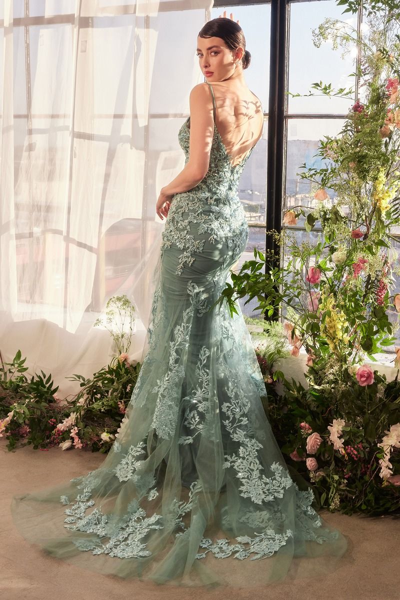 Deep V-Neck Long Beaded-Lace Prom Dress with Train Sage / 2 Deep V-Neck Long Beaded-Lace Prom Dress with Train Sage / 2