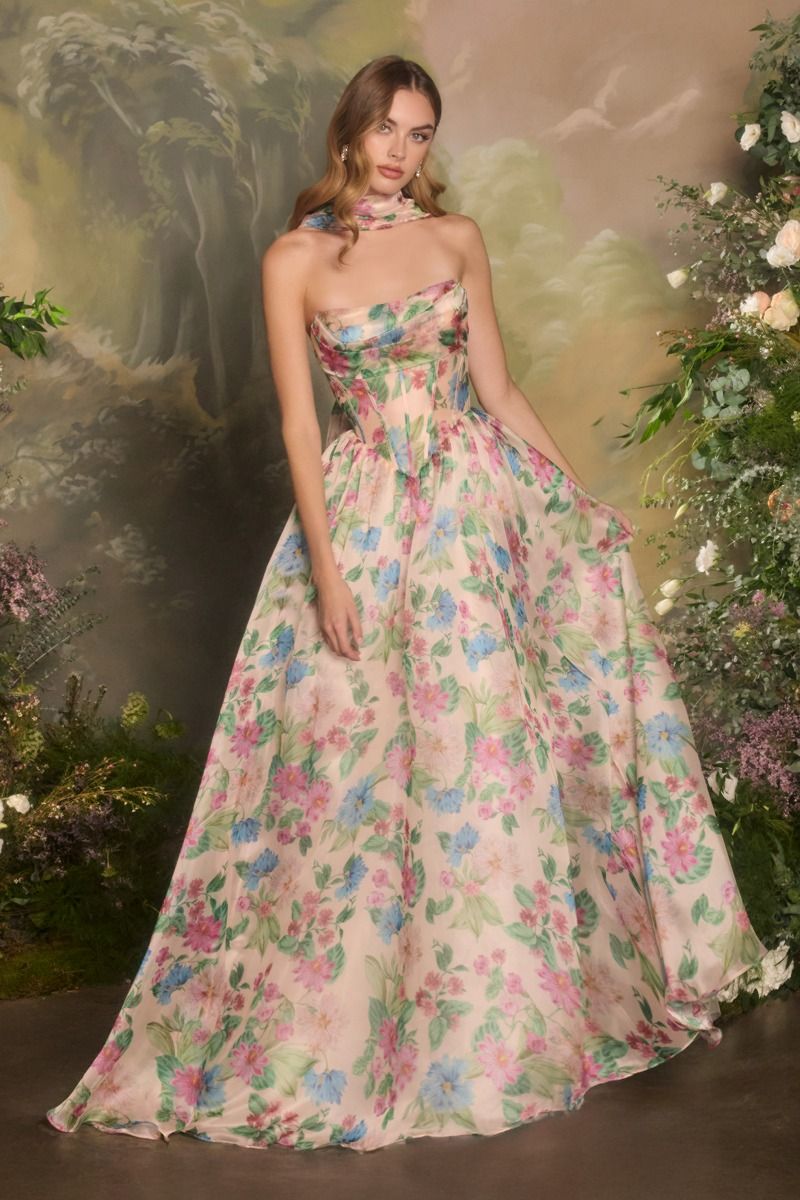 Floral Print Strapless Corset A-Line Gown with Detachable Scarf