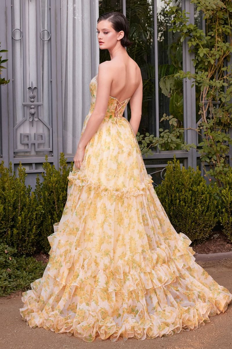 Strapless Floral Printed Ball Gown