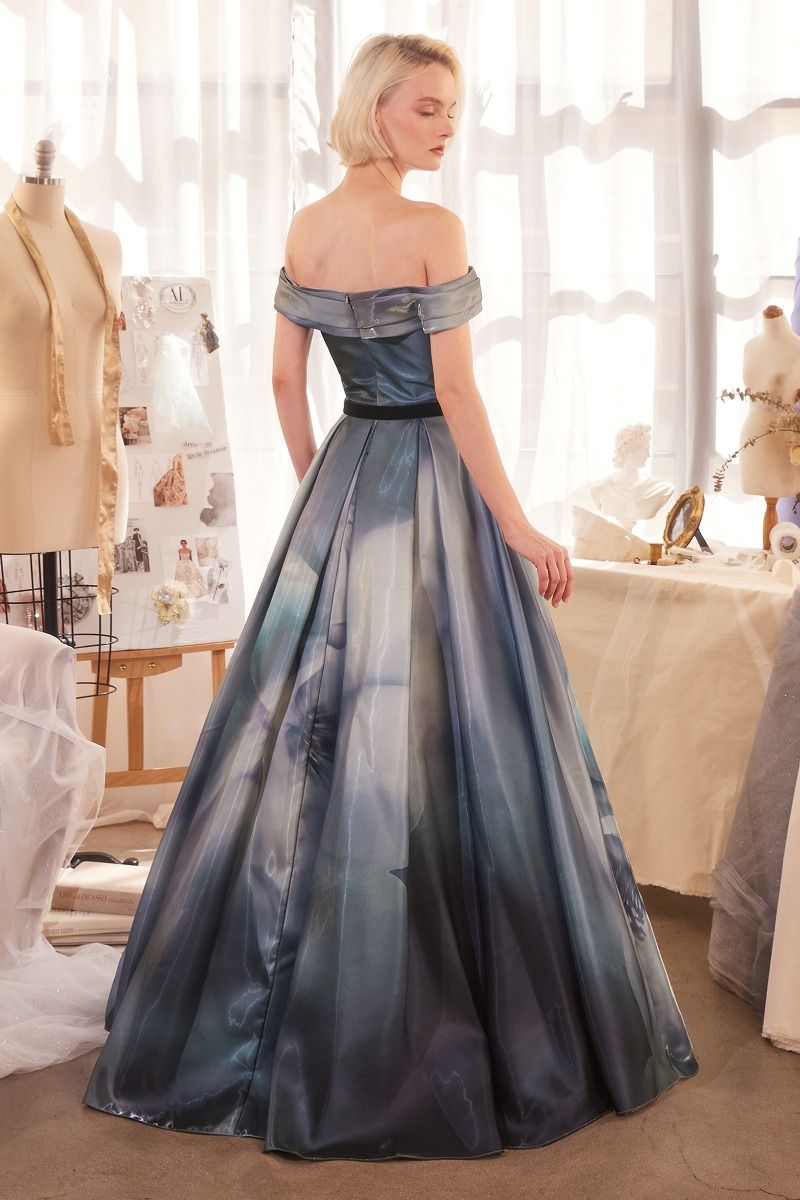 Print Off The Shoulder Satin Ball Gown