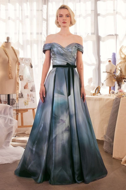 Print Off The Shoulder Satin Ball Gown