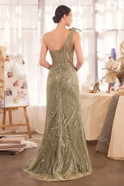 One Shoulder Beaded Evening Gown