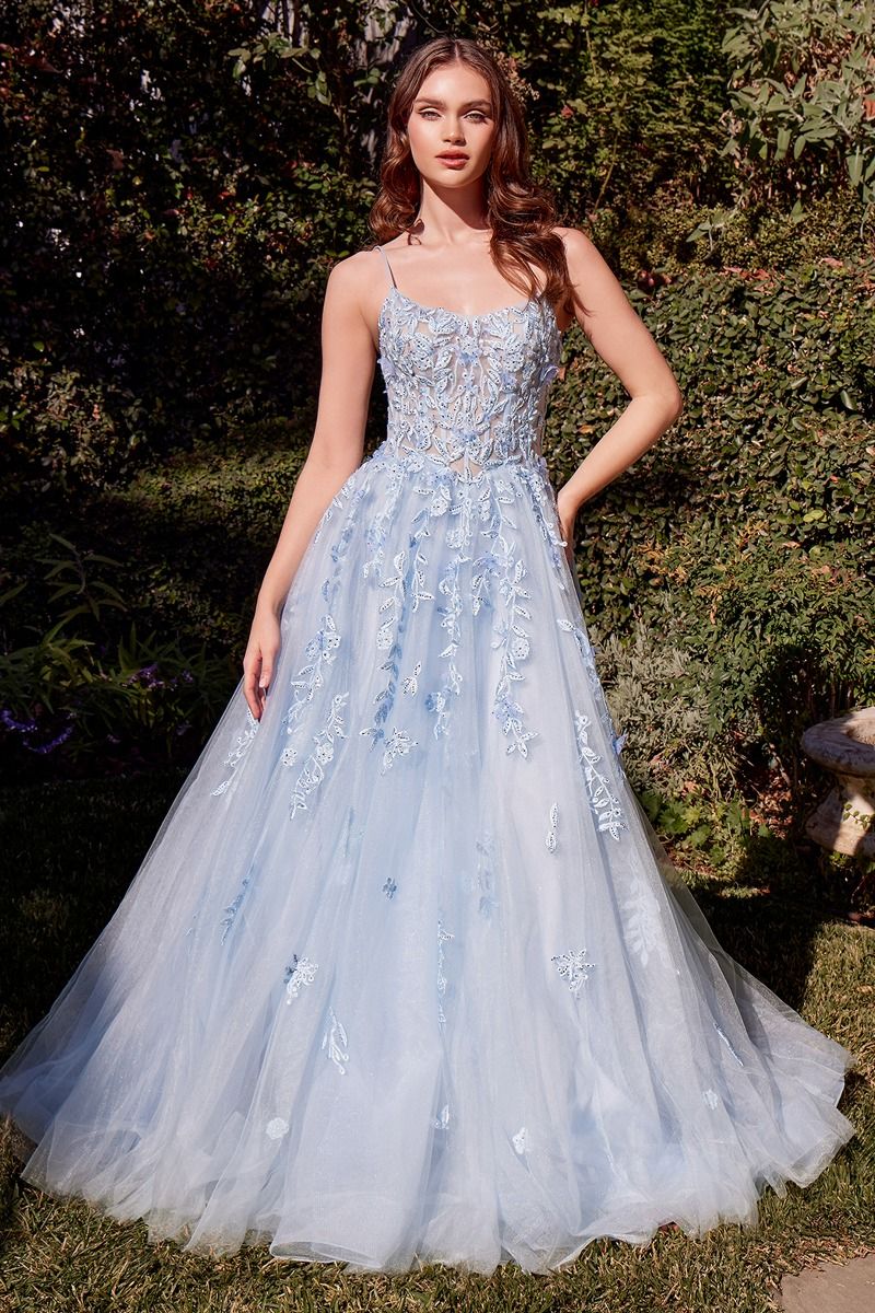 The Livia Leaf Motif Appliqued A-Line Dress Light Blue / 4 The Livia Leaf Motif Appliqued A-Line Dress Light Blue / 4