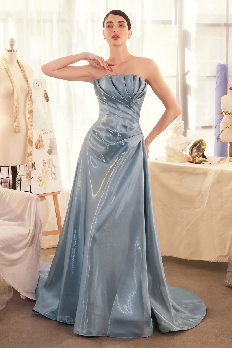 ZULA Strapless Pleated Liquid Effect Dress Elegant Formal Gown | One Honey Smokey Blue / 0 USA ZULA Strapless Pleated Liquid Effect Dress Elegant Formal Gown | One Honey Smokey Blue / 0 USA