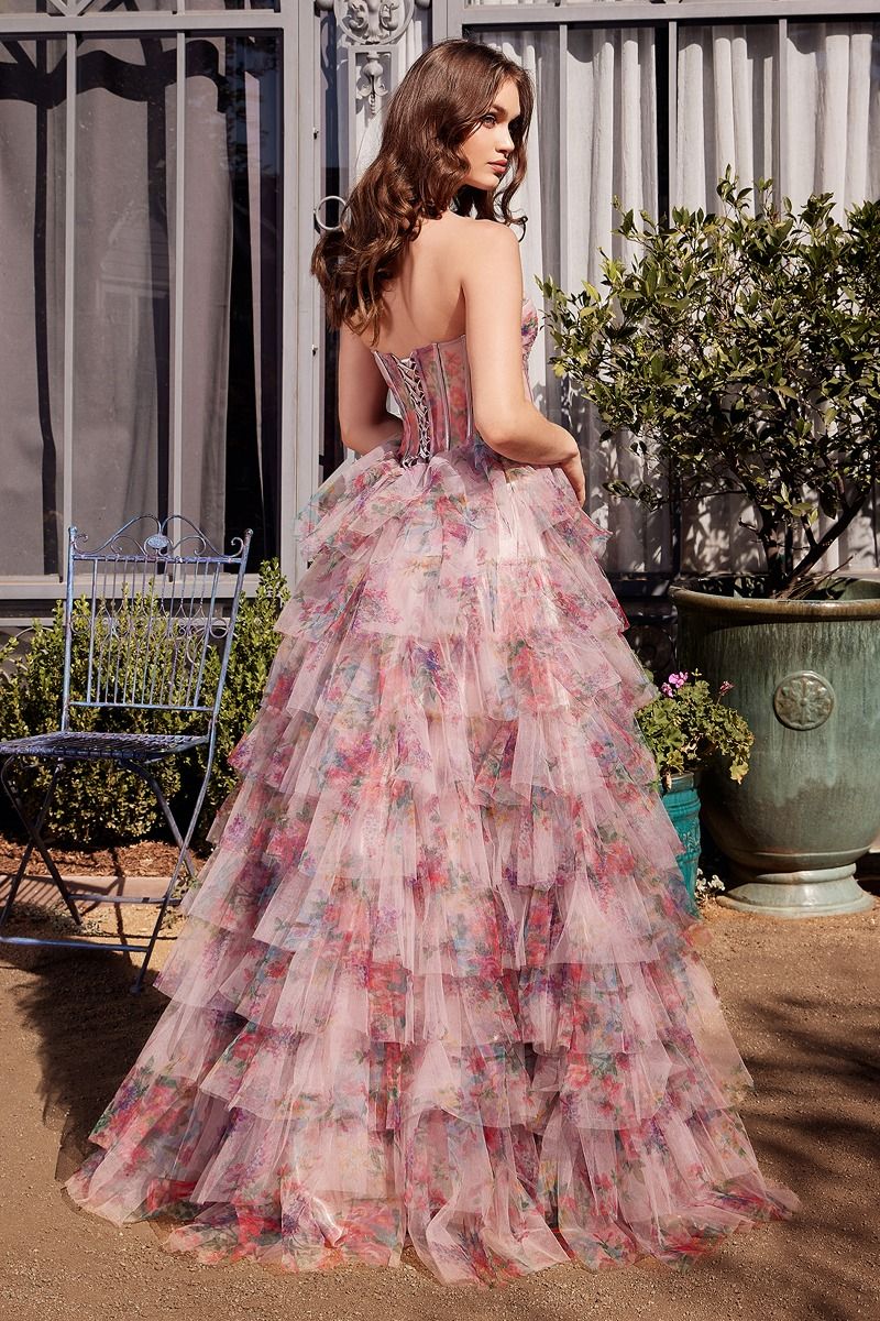 Print Ruffle Corset Gown