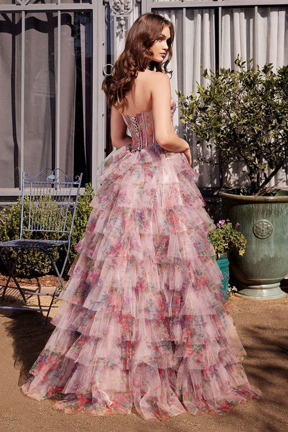 Print Ruffle Corset Gown