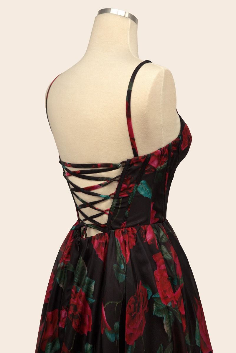 Strappy-Back Long A-Line Prom Dress with Floral Print Black / 0 Strappy-Back Long A-Line Prom Dress with Floral Print Black / 0