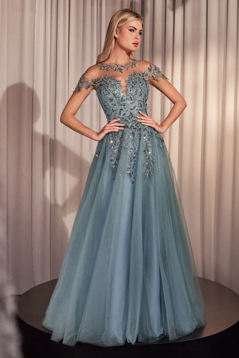 Elegant A-Line Floral Appliqué Tulle Gown With Illusion Neckline & Cap Sleeves