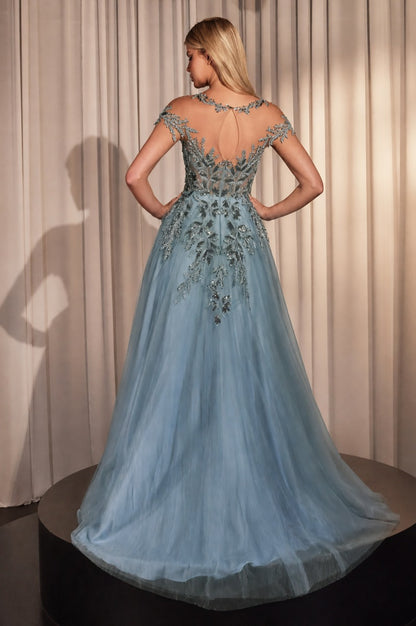Elegant A-Line Floral Appliqué Tulle Gown With Illusion Neckline & Cap Sleeves