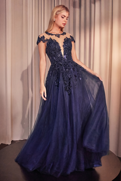 Elegant A-Line Floral Appliqué Tulle Gown With Illusion Neckline & Cap Sleeves