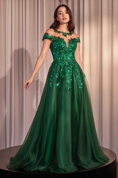 Elegant A-Line Floral Appliqué Tulle Gown With Illusion Neckline & Cap Sleeves