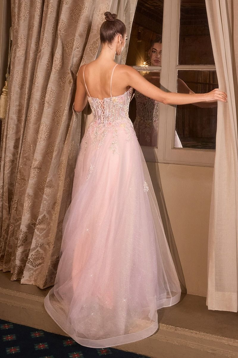 Floral Appliqué V-Neck Glitter Tulle Ball Gown