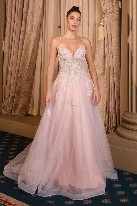 Floral Appliqué V-Neck Glitter Tulle Ball Gown