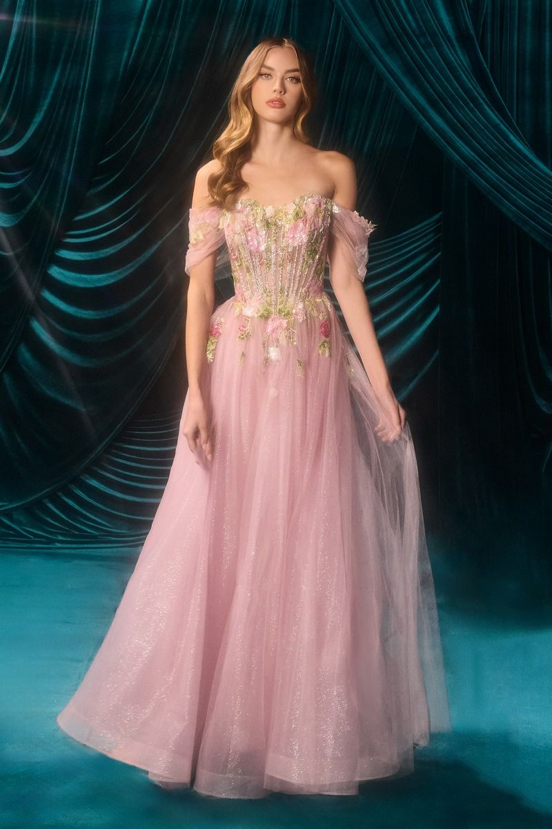 Off-Shoulder 3D Floral A-Line Tulle Gown