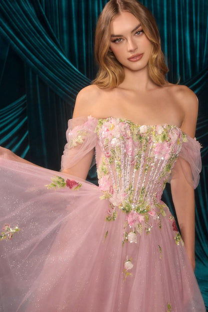 Off-Shoulder 3D Floral A-Line Tulle Gown