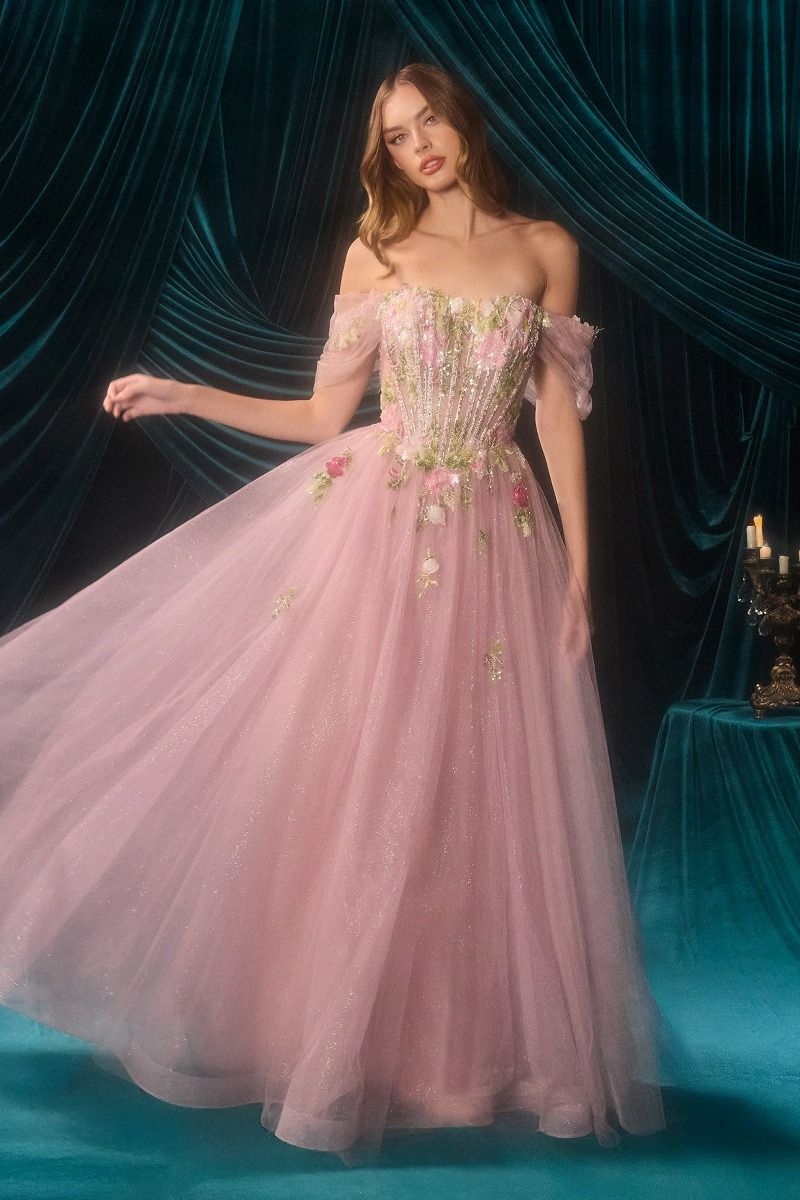 Off-Shoulder 3D Floral A-Line Tulle Gown