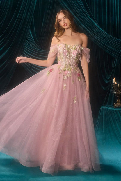 Off-Shoulder 3D Floral A-Line Tulle Gown