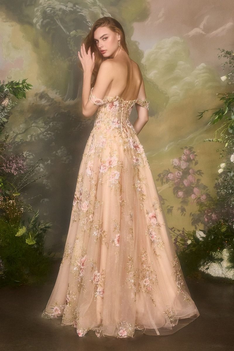 Square Neck Floral Embroidered A-Line Tulle Gown