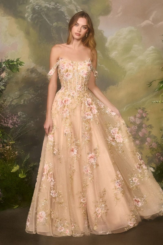 Square Neck Floral Embroidered A-Line Tulle Gown