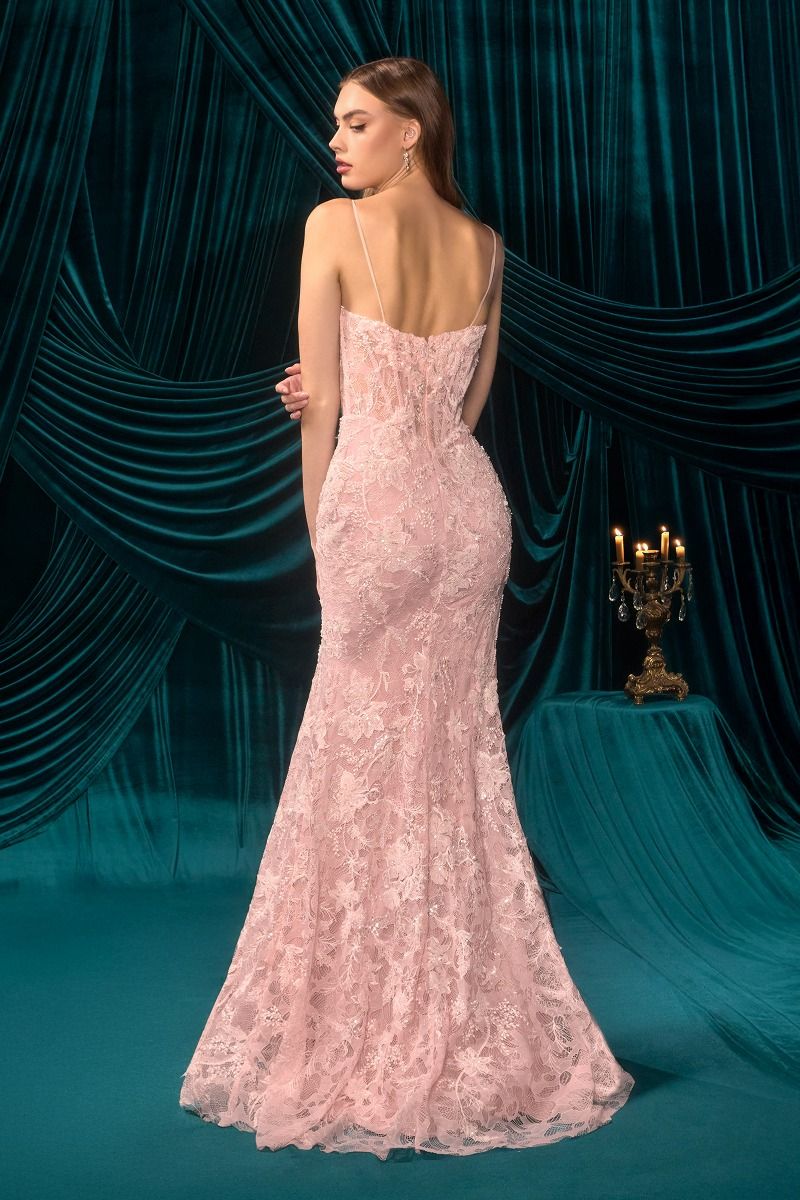 Floral Lace Spaghetti Strap Gown with High Slit and Train