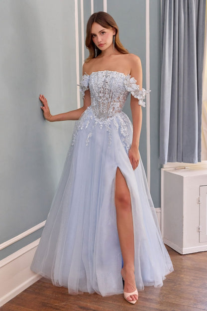 Romantic Floral Embroidered A-Line Gown | Sequin & 3d Appliqués, Illusion Corset Bodice, Detachable Off-Shoulder Sleeves | Prom, Gala & Formal
