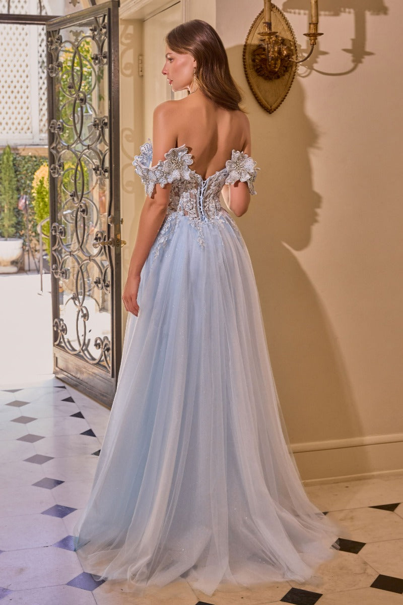 Romantic Floral Embroidered A-Line Gown | Sequin & 3d Appliqués, Illusion Corset Bodice, Detachable Off-Shoulder Sleeves | Prom, Gala & Formal
