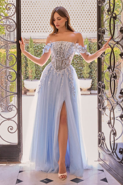 Romantic Floral Embroidered A-Line Gown | Sequin & 3d Appliqués, Illusion Corset Bodice, Detachable Off-Shoulder Sleeves | Prom, Gala & Formal