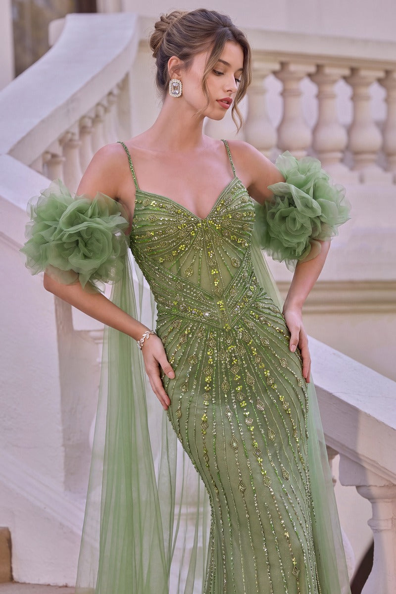 Fitted Beaded Gown With Ruffle Tulle Cape